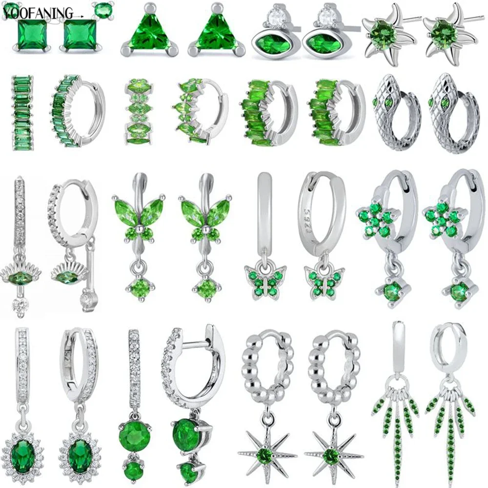 925 Sterling Silver Ear Needle Small Fresh High Grade Hoop Earrings Green Zircon Green Series Classic Earrings for Women Jewelry