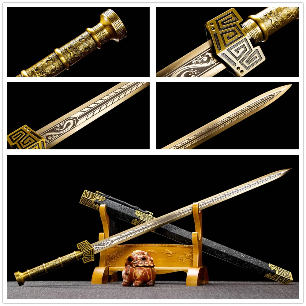 Beautiful Chinese Jian Handmade Swords Gold High Manganese Steel Blade Full Tang Alloy Handle Tsuka Hilt Very Nice