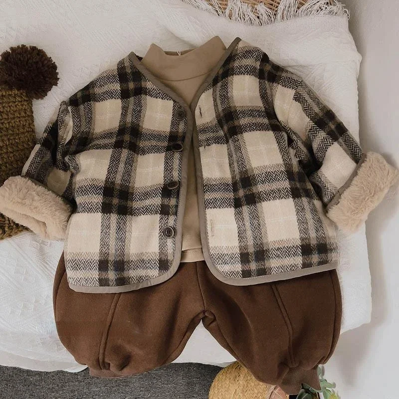 Woolen Plaid Children\'s Plush Coat Korean Version Autumn and Winter New Boys\' and Girls\' Coats Loose Baby Cotton Padded Clothes