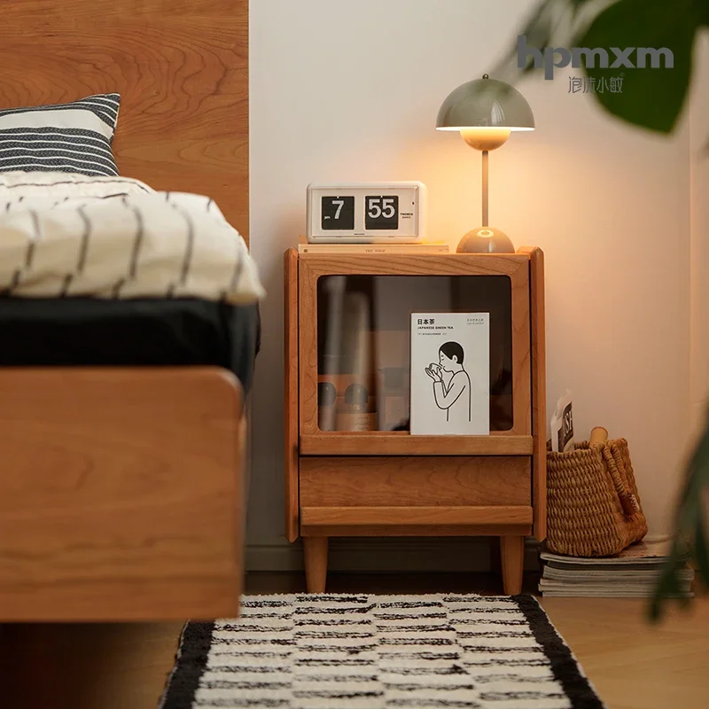 Minimalist Engineered Wood Cream Nightstand Compact Size Adjustable Shelves Sliding Doors Large Capacity for Bedroom