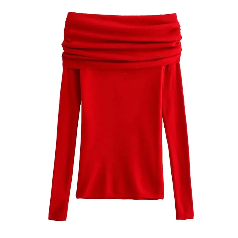 TRAF Off Shoulder Red Crop Top Woman Ruched Knit Top Autumn Winter Short Sweaters Women Pullover Long Sleeve Knitted Sweater