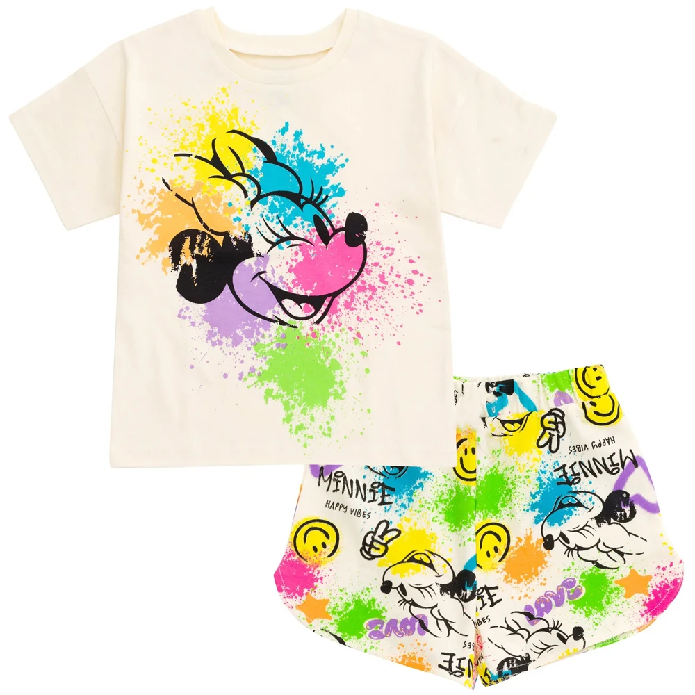 

Minnie Mouse Neon kids Set Short-Sleeve T-Shirt Colorful Graffiti Design Print Shorts 'Happy Vibes Graphic Casual Wear for Girls