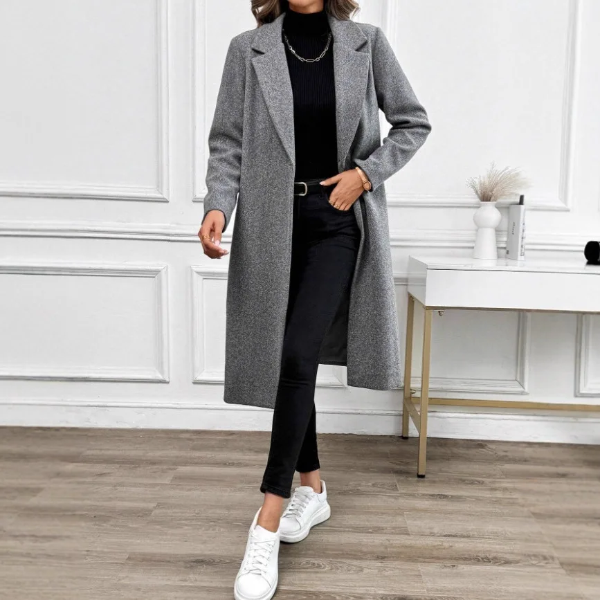 

Autumn 2025 Long Sve Woolen Coat Women's Open Cardigan Sle Briti Faion Silk Material Medium Thin Hatl