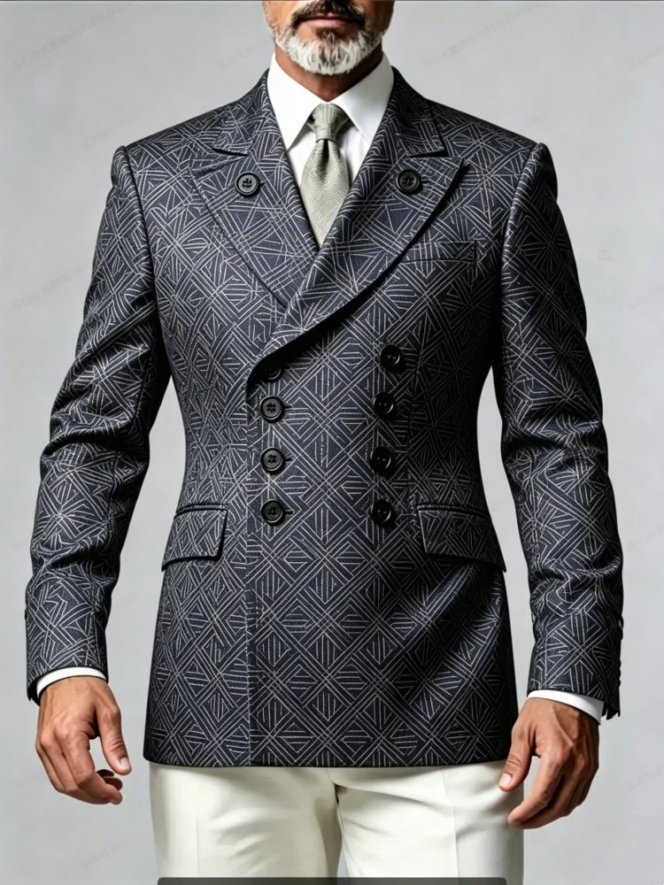 Mens Slim Fit Navy Blue Geometric Diamond Jacquard Double Breasted Suit Jacket Elegant Business Blazer