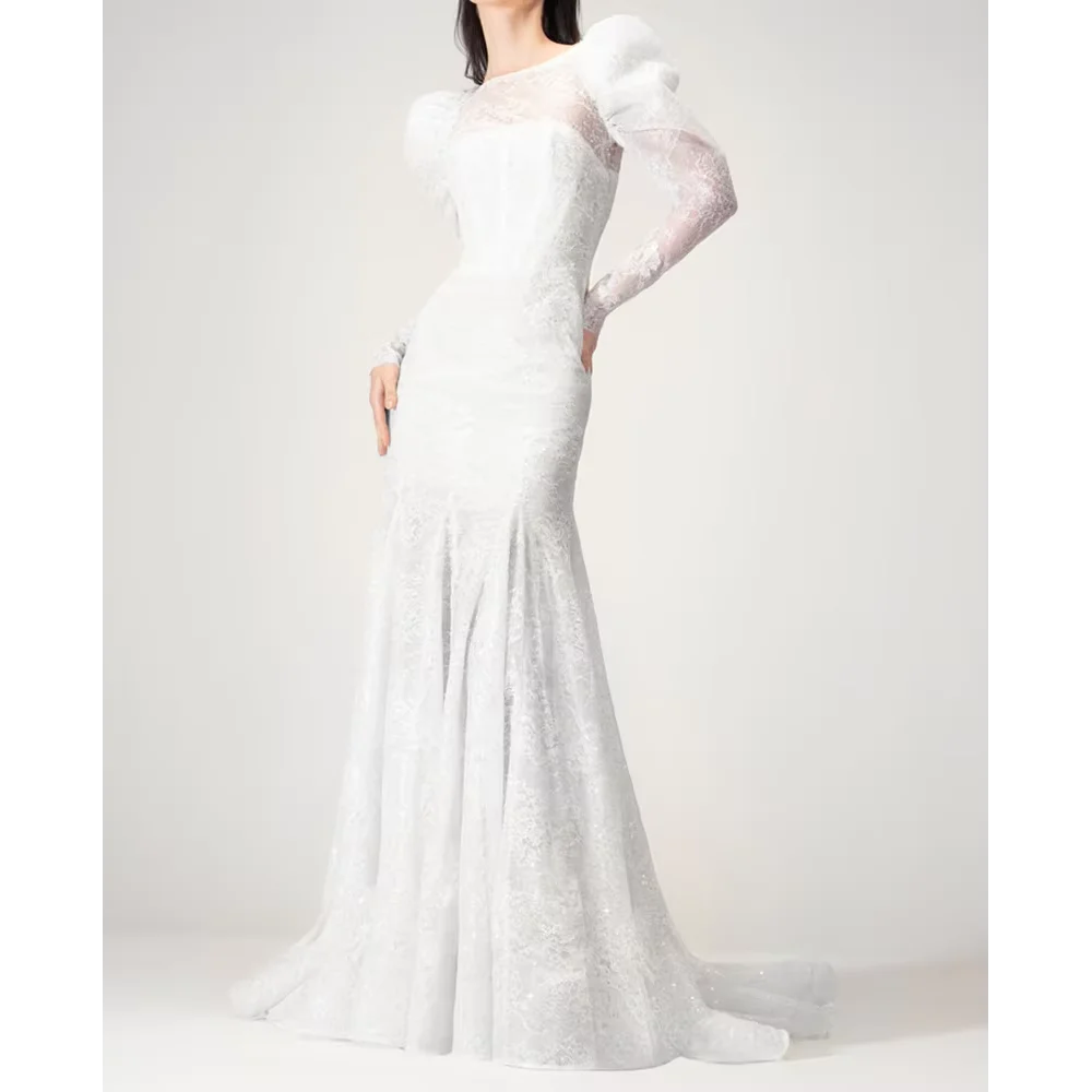 

European Lace Wedding Dress Backless Bridal Gowns Long Sleeves Mermaid Wedding Dresses Sweep Trian