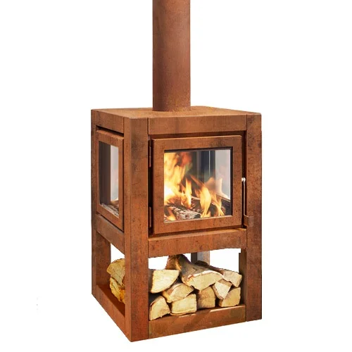 freestanding outdoor corten steel stove with firewood storage  cube-shaped terrace stove mobile outdoor corten steel fireplace