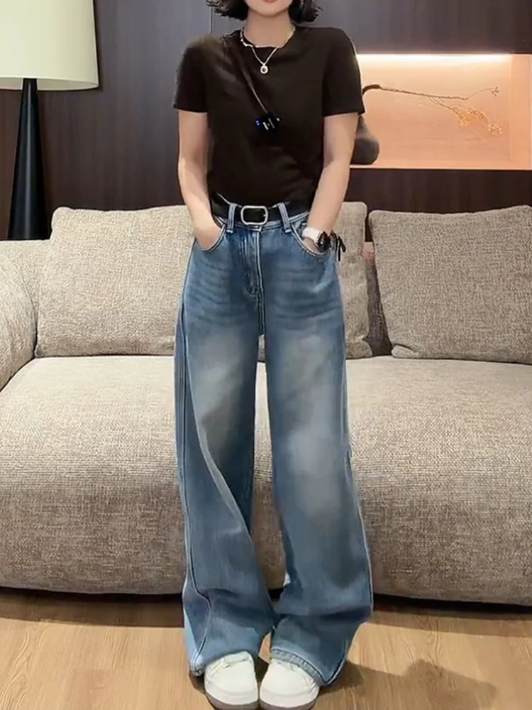 

Широкие брюки с высокой талией на подкладке, прямые джинсы с ножом, осень-зима, женские брюки больших размеров Ele Sle