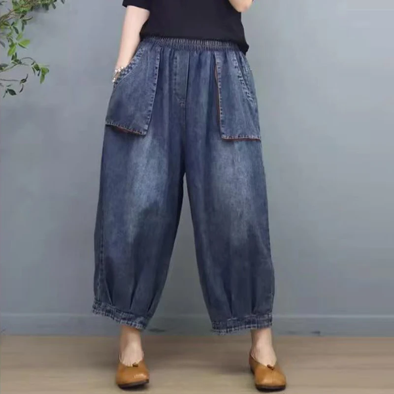 

Женские винтажные уличные брюки в этническом стиле Y2K, мешковатые джинсы, весна-лето, повседневные джинсовые брюки до щиколотки с большими карманами, панталоны