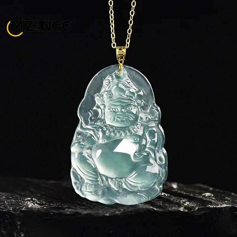 

Натуральный жадеит, синий водный желтый кулон «Бог удачи», 18-каратное золото, инкрустированная пряжкой, модное ожерелье из ледяного нефрита для мужчин и женщин, подарок