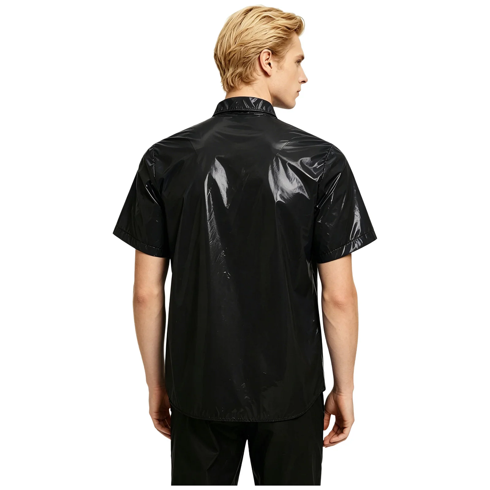 Herren Wasserdichtes Glänzendes PVC-Kurzarmhemd Glänzender Knopfleisten-Regenmantel Kurzarm Vorderer Knopfverschluss Revers Wet-Look T-Shirt Bluse