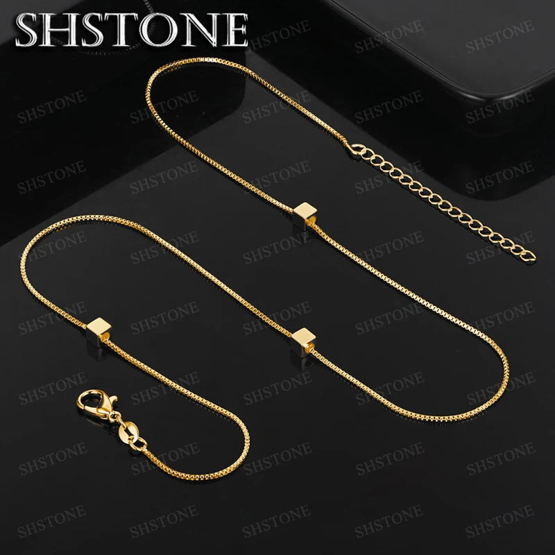 18K Gold Necklace Box Chain Simple Square Cube Triangle Pendant For Women Fashion Party Wedding Accessories Jewelry