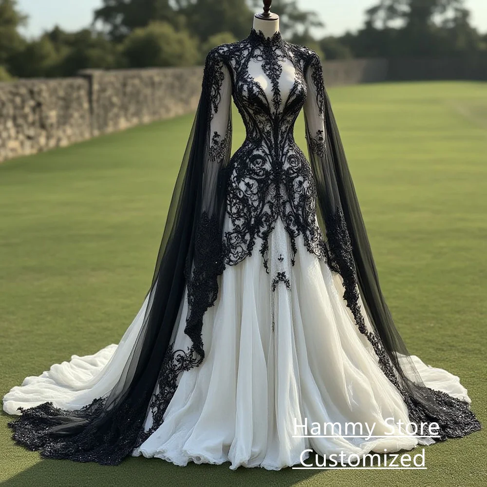 Gothic Wedding Dress Black Lace Applique Customized High Neck Long Batwing Sleeves Sweep Train Bridal Gown Vestido De Noiva
