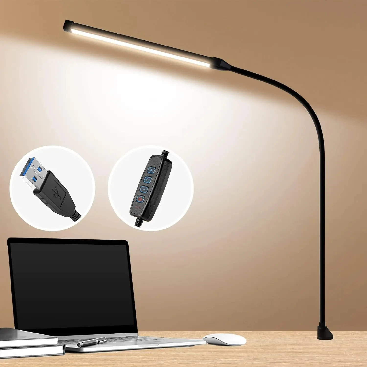 A LED Desk lamp with Clamp, Eye-Caring Clip on Lights   Office, 3 Modes 10 Brightness, Long Flexible Gooseneck,Metal