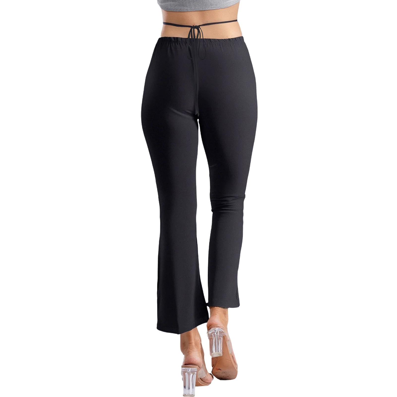 สตรี Belly Dance กางเกงเอวยางยืด Criss-Cross สายรัด High Side Slit Flared Dance กางเกงสําหรับโยคะเต้นรําการฝึกอบรม