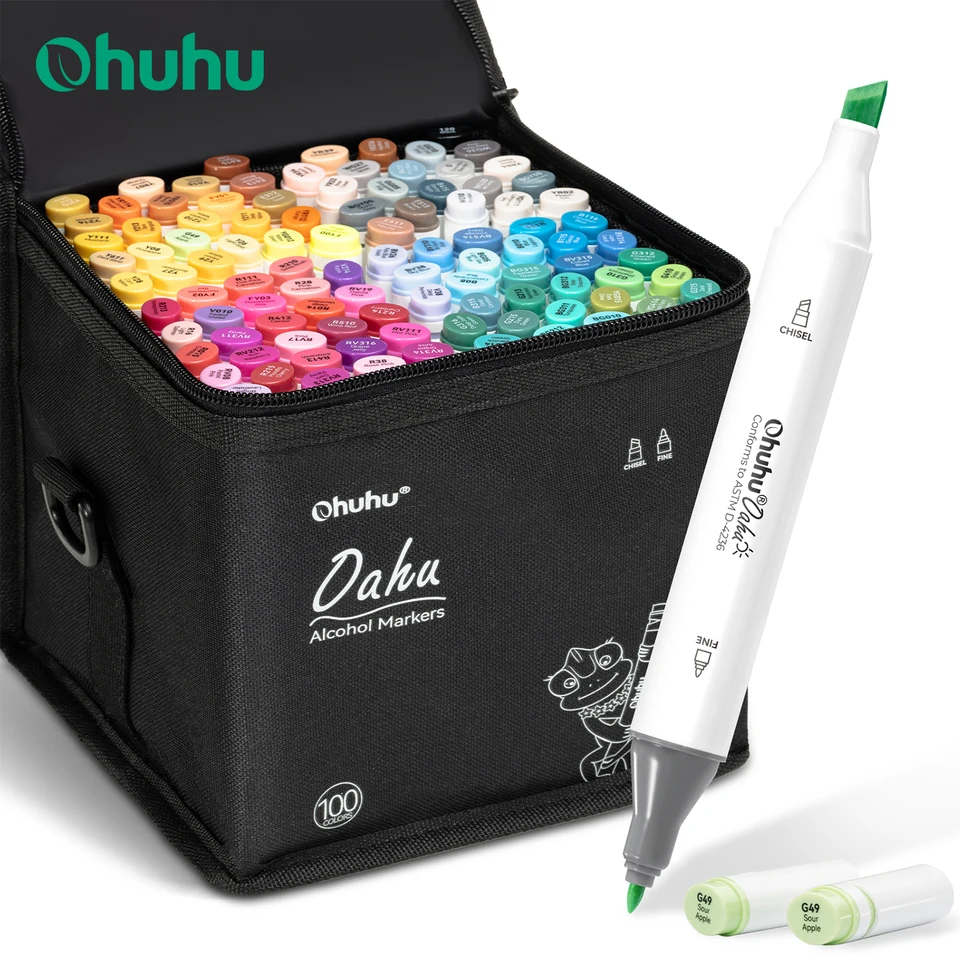 Ohuhu Oahu 100 Vibrant Colors Dual Tip Marker Set