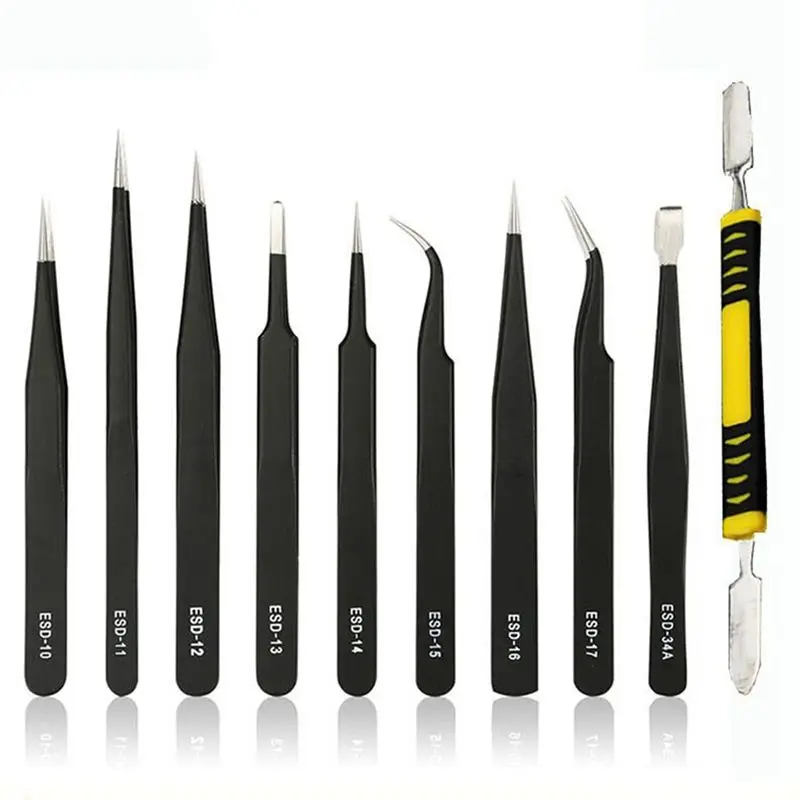 BAAJ-10-Piece Set Anti-Static Tweezers Combination Set Cloth Bag Tweezer Combination Suit Easy Storage