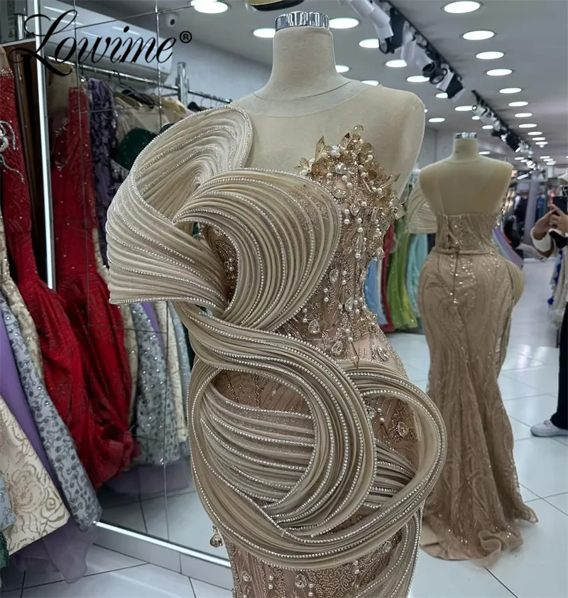 2025 Vestidos de fiesta de sirena color champán Vestido de noche personalizado para ocasiones especiales Vestidos de fiesta de cumpleaños con cristales para bodas
