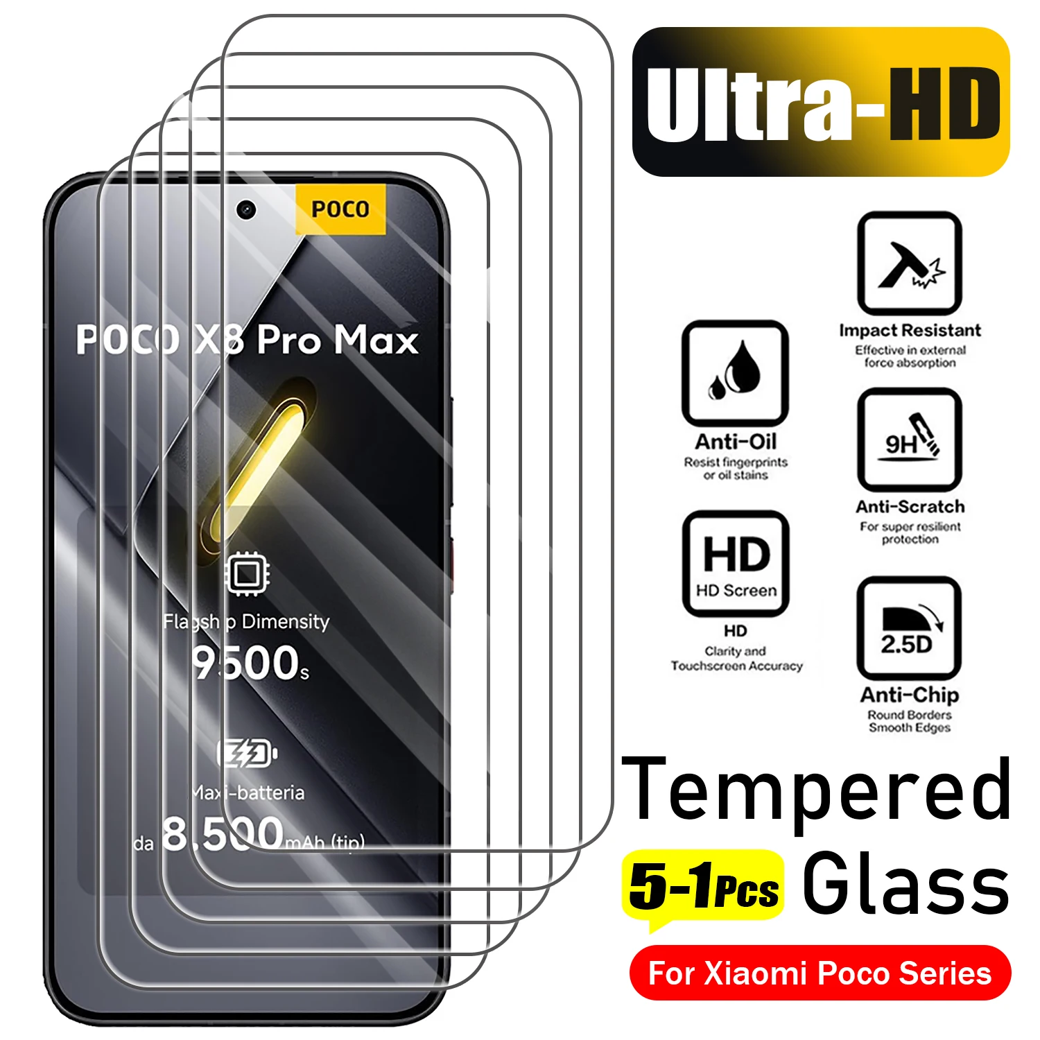 5-1 peças de vidro temperado para Poco X8 Pro Max PocoX7 Pro X6 X5 X4 X3 GT X8Pro, película protetora de tela para celular