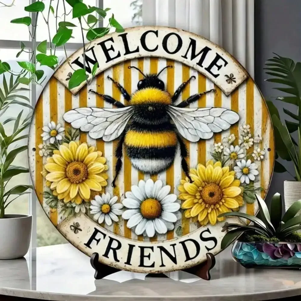1pc Round Rural Bee Welcome Sign - 