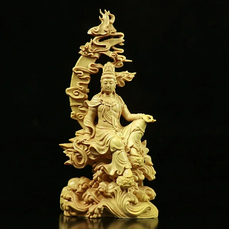 

Boxwood Carving Water Guanyin Moon Goddess of Mercy Home Living Craft