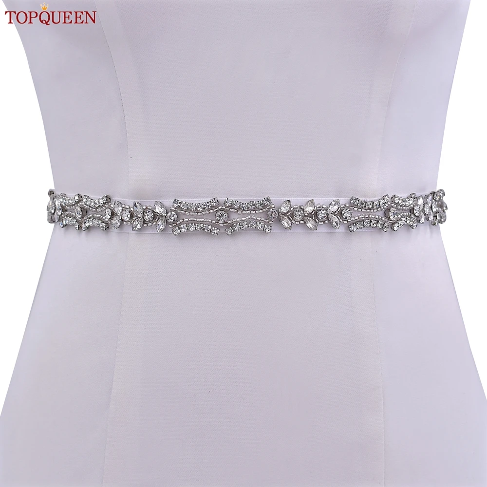 

TOPQUEEN Sparkly Wedding Belt Silver Rhinestone Bridal Dresses Ribbon Sash Crystal for Bridesmaid Women Gown Accessories S430