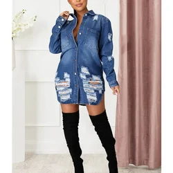 Plus Size Women Clothing Outwears 2023 Sexy Hole Cotton Long Sleeve Ripped Jean Jacket Women L-3XL Blue Denim Casual Loose Coat