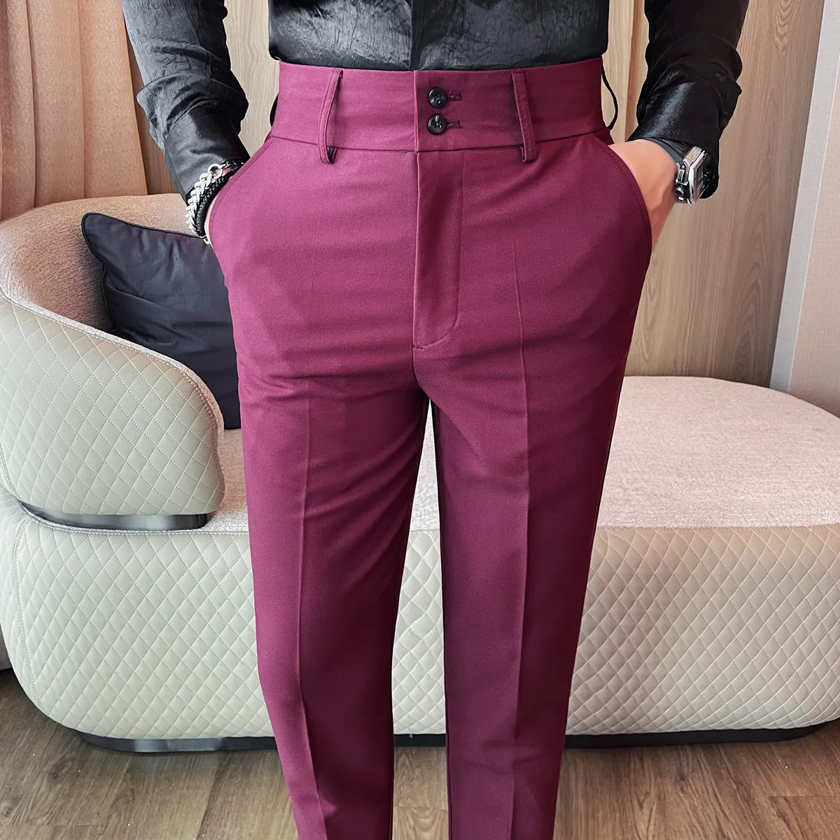 

2025 Высококачественные мужские осенне-зимние костюмные брюки, деловые повседневные облегающие брюки полной длины, мужские модные брюки с высокой талией