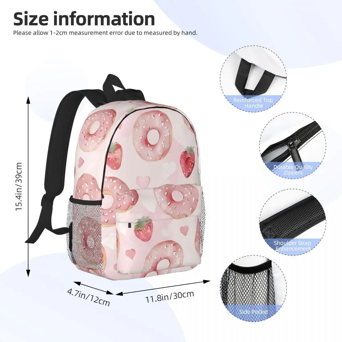 Cute Donut And Strawberries Backpack Daypack Large Capacity Boys Girls BookBag Shoulder Bags for Men Women Children School Bag