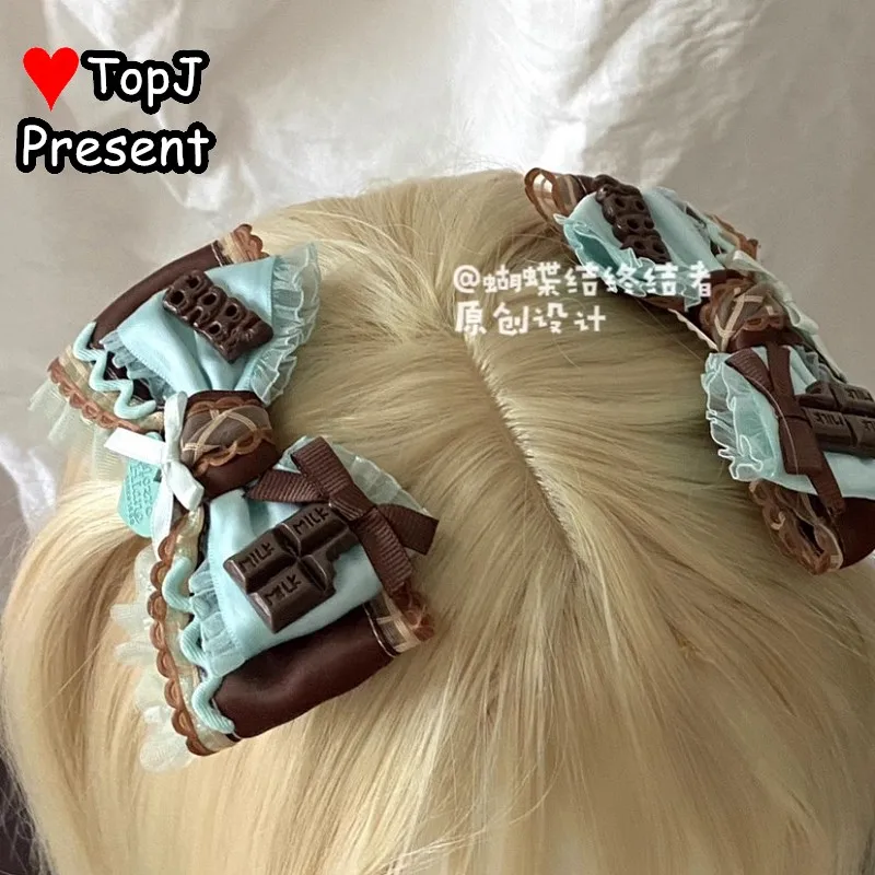 "نكهة النعناع الشوكولاته كوكي" القوطية Harajuku Y2K فتاة جميلة لوليتا الحلو القوس الشريط الدانتيل دبوس الشعر حافة المشبك مشبك شعر