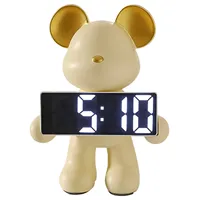 Creative Resin Miniature Bear Clock Figurines Table Ornament Bear Animal Model LED Alarm Battery/Plug-in Use for Home Decor