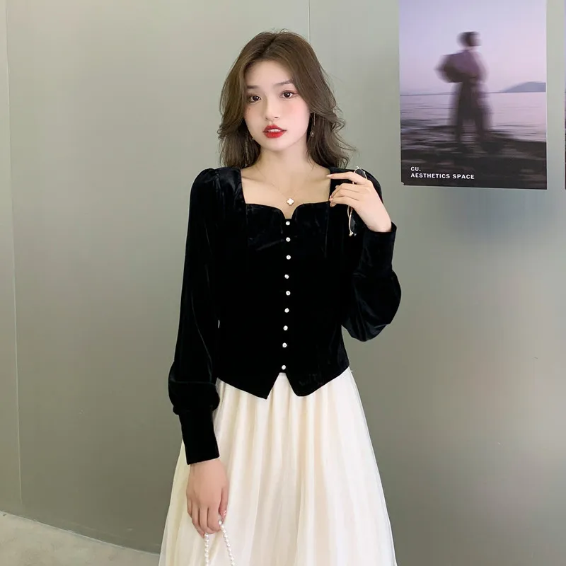 OCEANLOVE Black Velvet Blouses Women Tops Solid Autumn Winter Elegant Vintage Blusas Mujer Korean Fashion Short Shirts Clothing