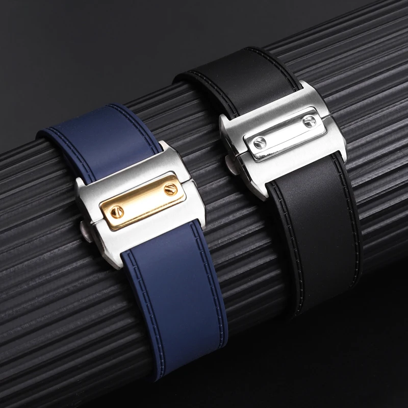 For Cartier Santos 25mm rubber strap bracelet Santos 100 water proof watch strap accessories 23mm men watch band folding buckle