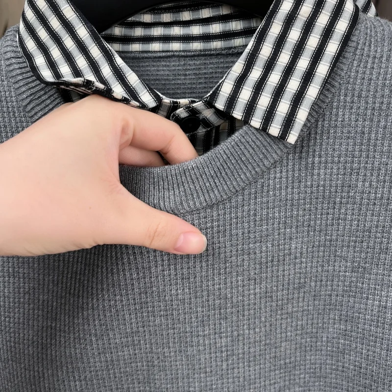 Luxury Men's Autumn Long Sleeves Knitting Fake Two-Piece Trend Brand Keep Warm Sweater Leisure Fashion Underwear Men's Clothing