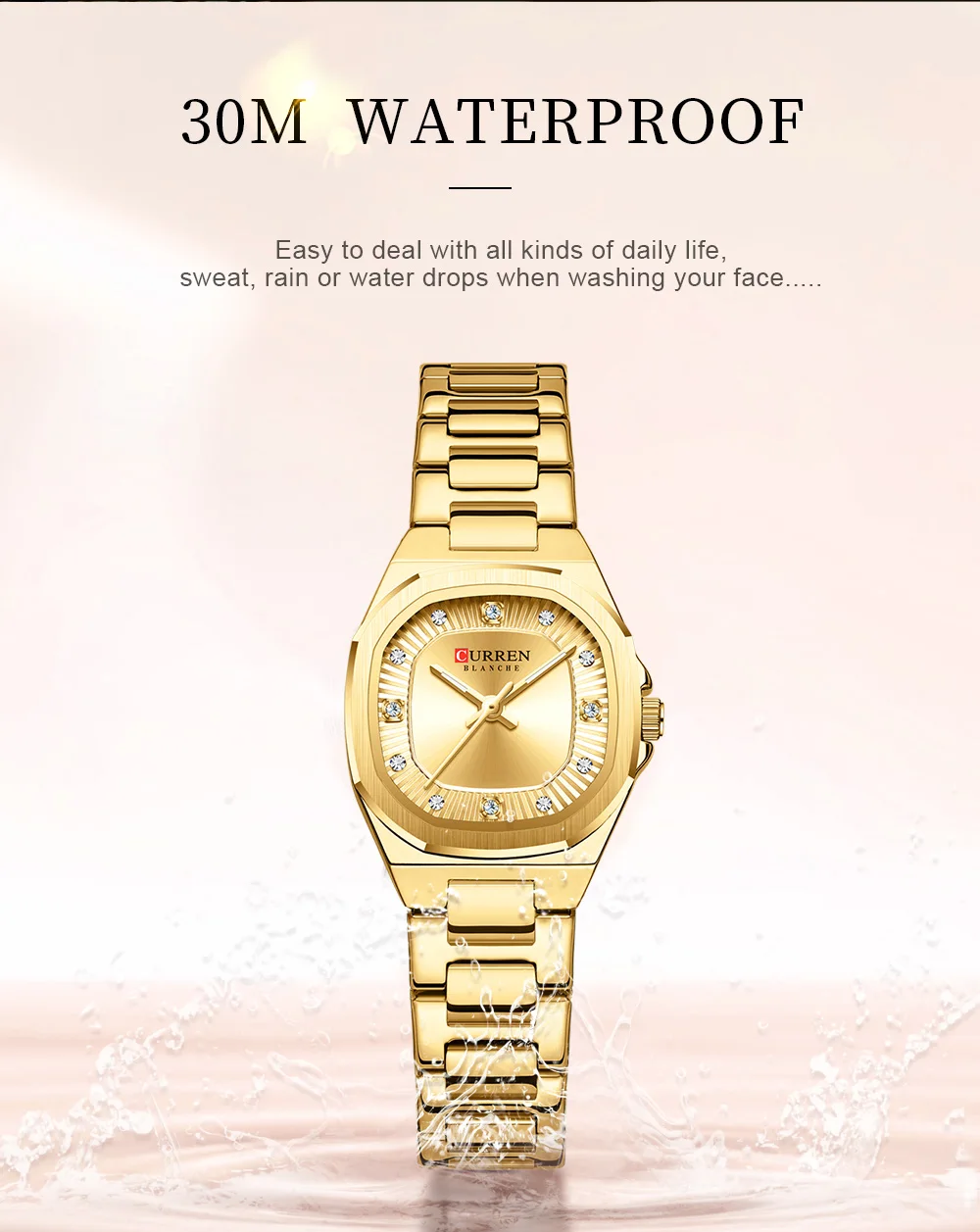 CURREN Gold Damenuhr mit Diamantakzenten, stilvollem Edelstahlband, elegantes Design, wird mit kostenloser Box geliefert – Detail 7