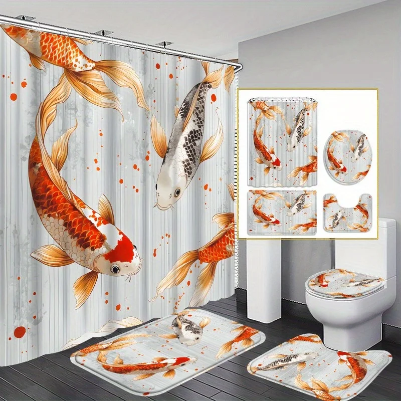 4pc Red and white koi fish pattern decorations, shower curtain, U-shaped mat, toilet seat cover and anti-slip mat.
