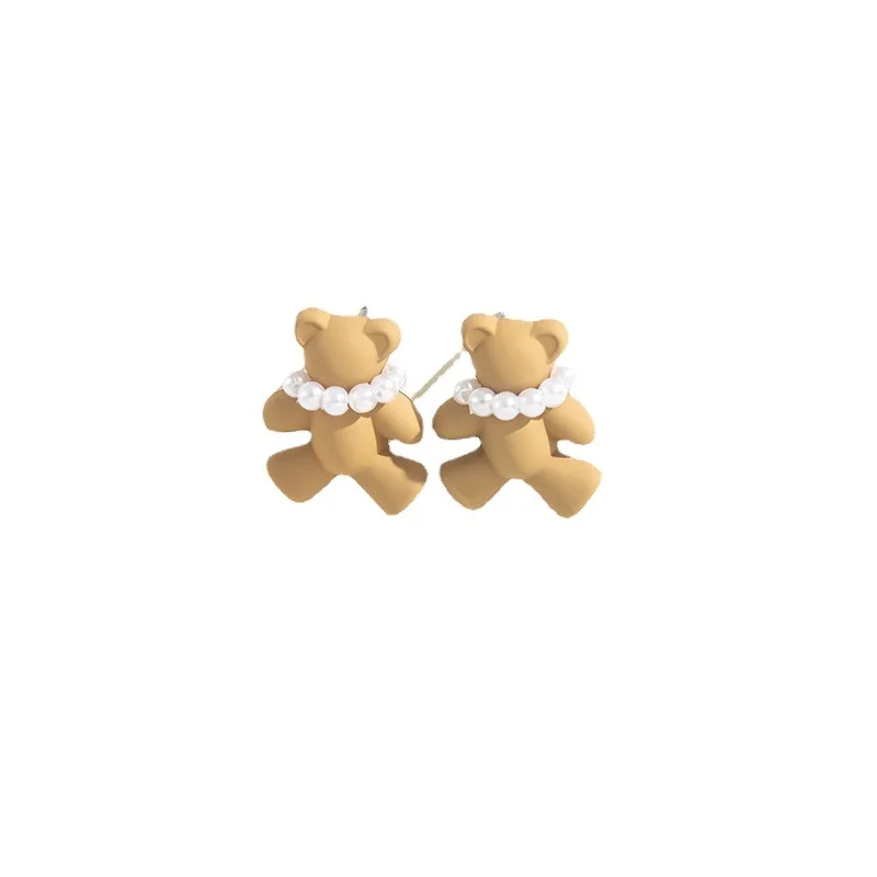 Korean retro cute imitation pearl bear earrings, girlish temperament ins Mori girl bear earrings 1 pair