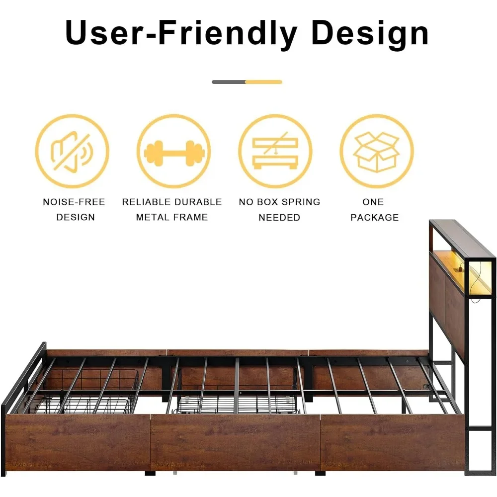 Marco de cama de matrimonio con cabecero de almacenamiento y 4 cajones de luces LED, plataforma de Metal antideslizante sin colchón de ruido, marco de cama de matrimonio