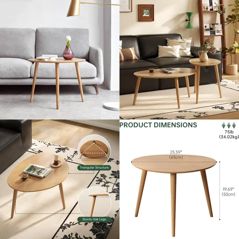 Mid Century Modern Small Oval Coffee Table, 25.6 Solid Oak Wood Living Room Side Table