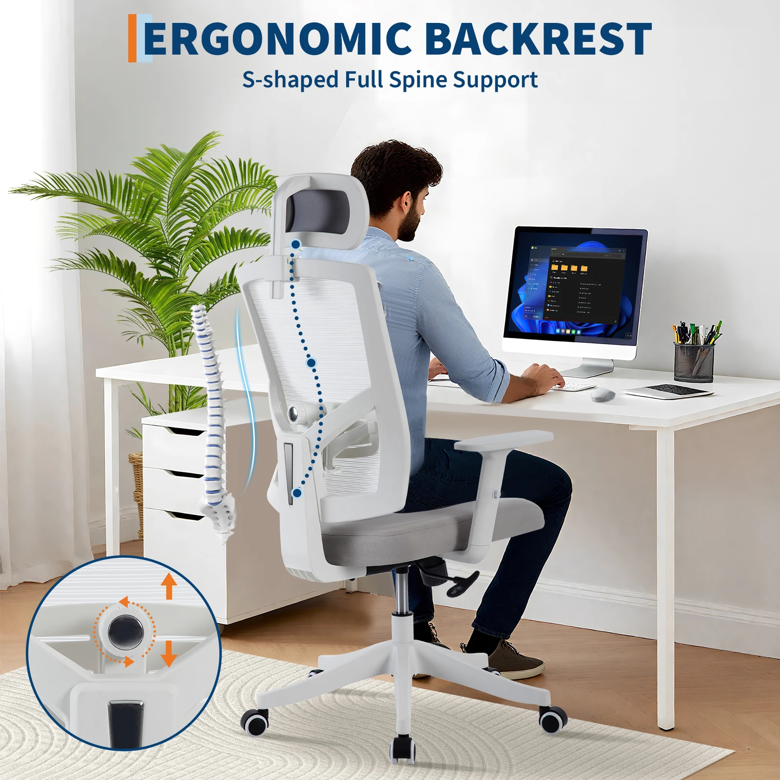 Silla ergonómica para oficina, silla para escritorio de ordenador, cómoda y con reposacabezas acolchado ajustable, soporte lumbar cómodo y reposabrazos 3D, ideal para juegos, dormitorio, estudio, estudiantes, con asiento ancho.