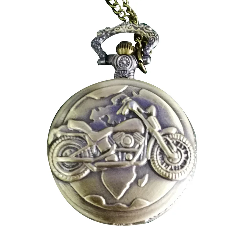 Vintage Alloy Motorcycle Motorbike Pocket Watch Necklace Pendant Chain Clock Gift LL@17