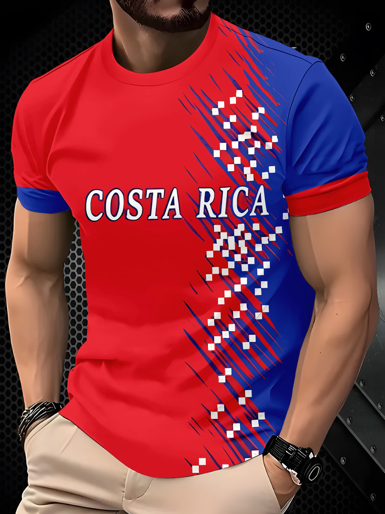 Men Short Sleeve T-Shirt, Red Blue Diagonal Brush Stroke Spliced White Square Dot Letter Sport Graphic Casual Tee