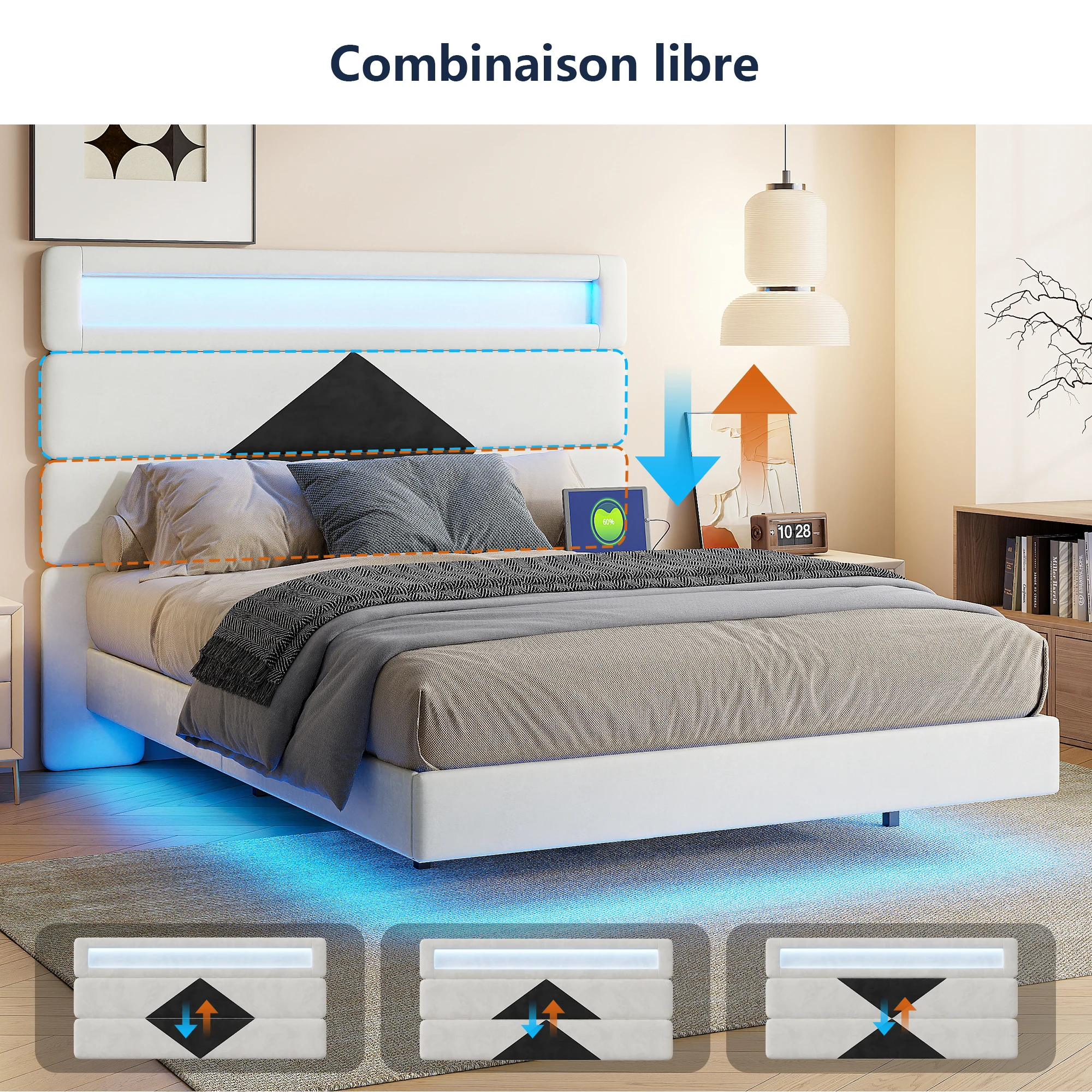 Anajqaqia 140×190 cm gepolstertes Doppelbett mit LED-Beleuchtung und USB-Ladeanschluss, mit Rückenlehne und Kopfteil, Samt, Weiß