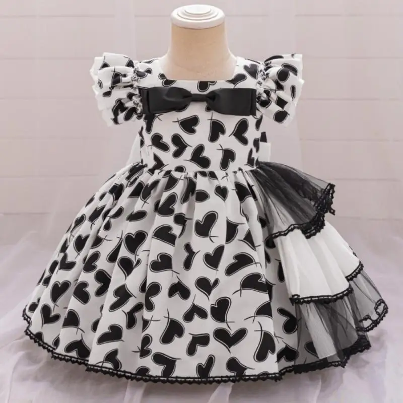 

New Love Printed Flying Sleeve Irregular Splicing Mesh Princess Dress for Girls Christmas and Halloween Fashion Evening Dress