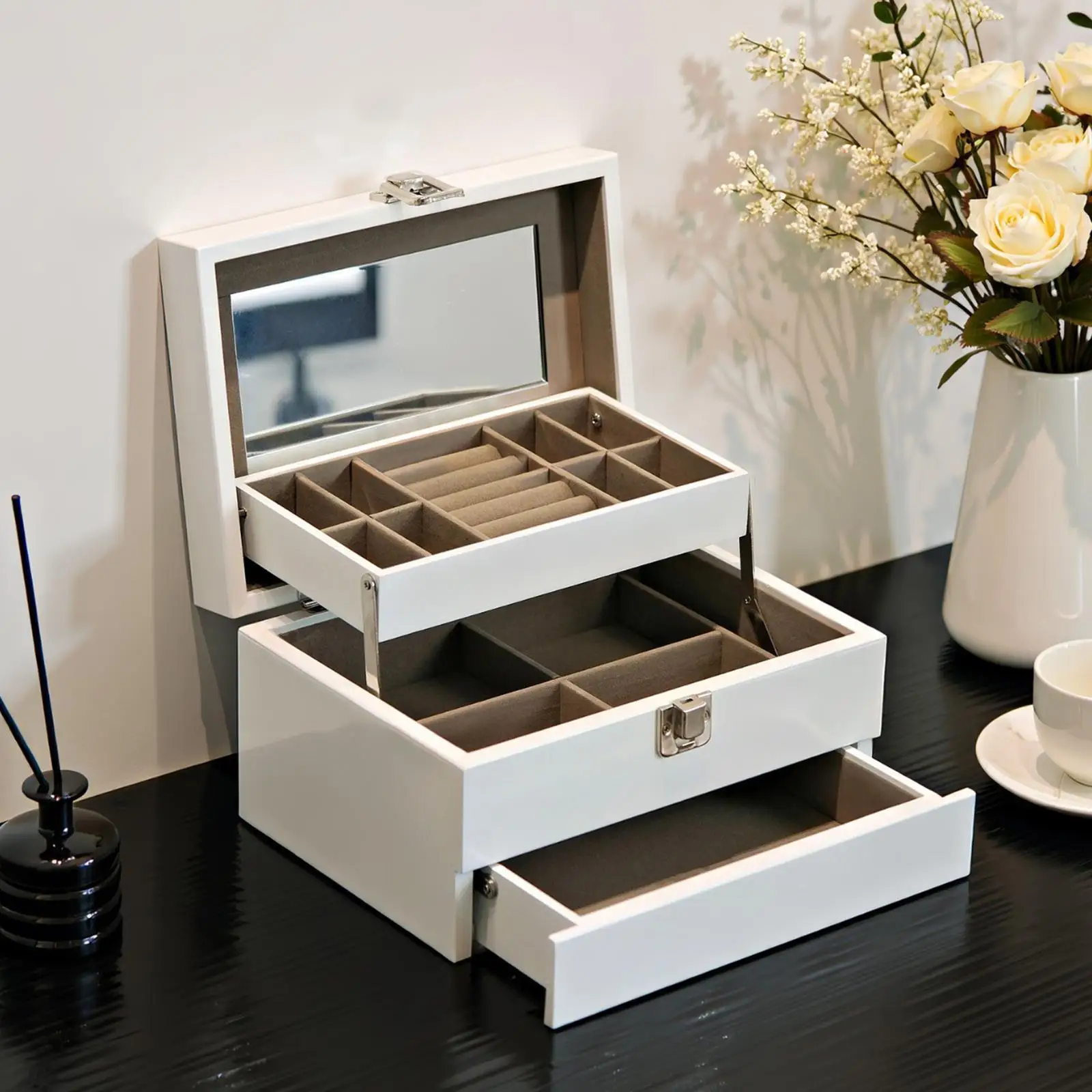 

Jewelry Storage Case Wooden Stylish Multifunction Lightweight with Mirror 3 Layer for Vanity Table Dresser Necklace Watches