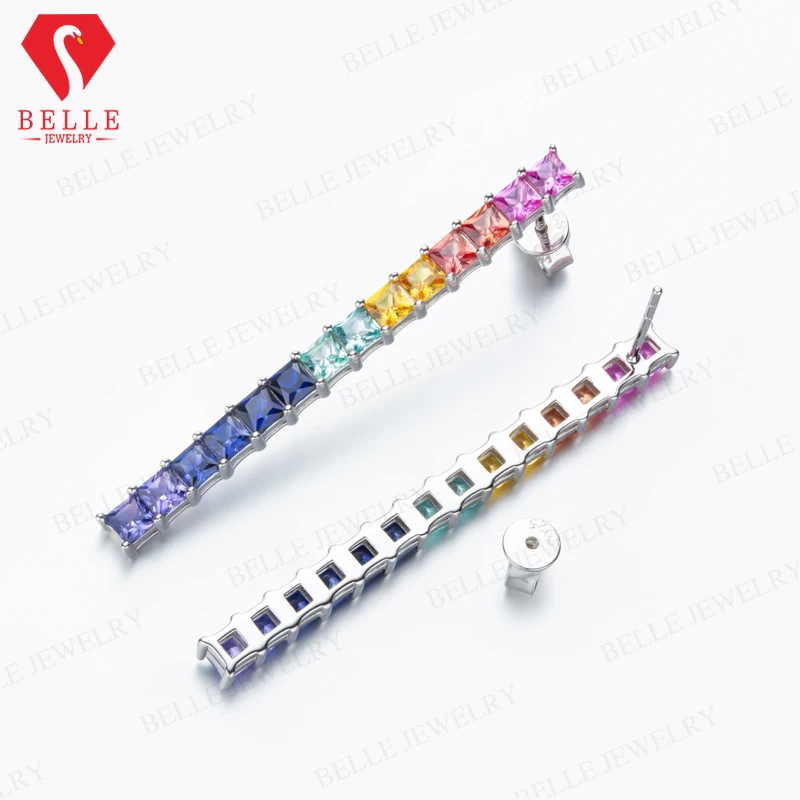 Lab Grown Gemstone S925 Silver Rainbow Jewelry Set Princess Cut Tennis Bracelet Long Drop Earrings Eternity Ring for Women