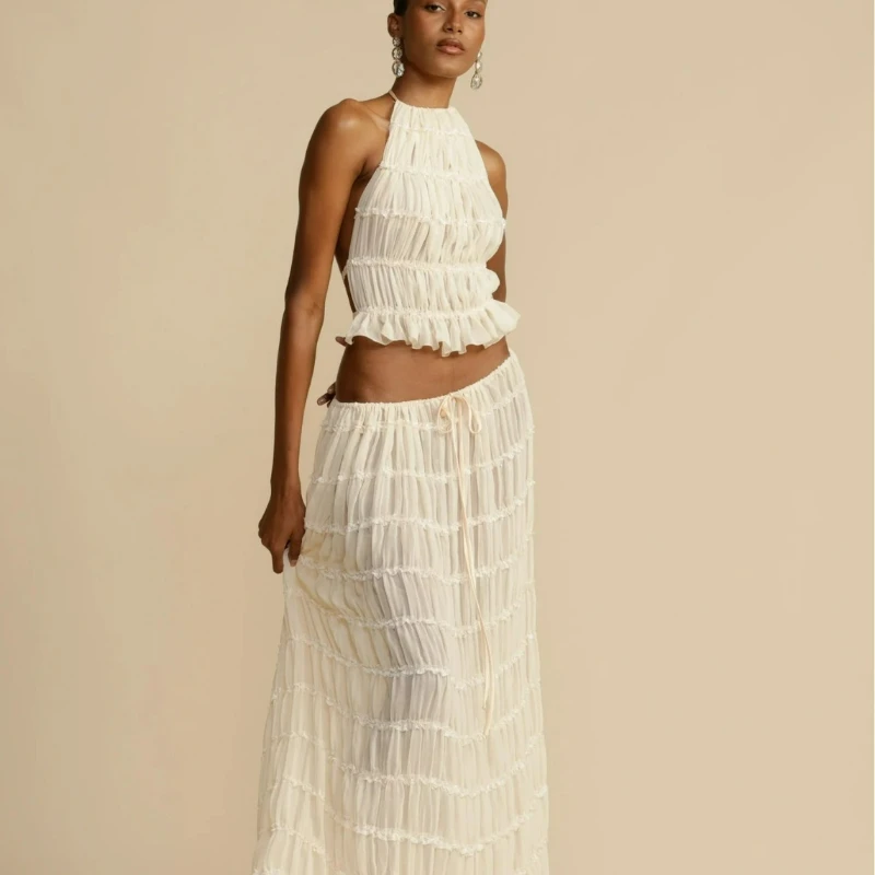 

Новинка лета 2026: Модный американский сексуальный комплект из двух предметов – шифоновое плиссированное длинное платье с открытой спиной и завязками на шее для женщин