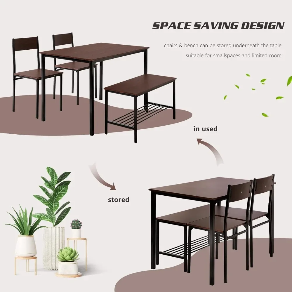 Dining table for 4 people, kitchen table with storage stool and 2 chairs with backrest, modern kitchen dining set for 4 people