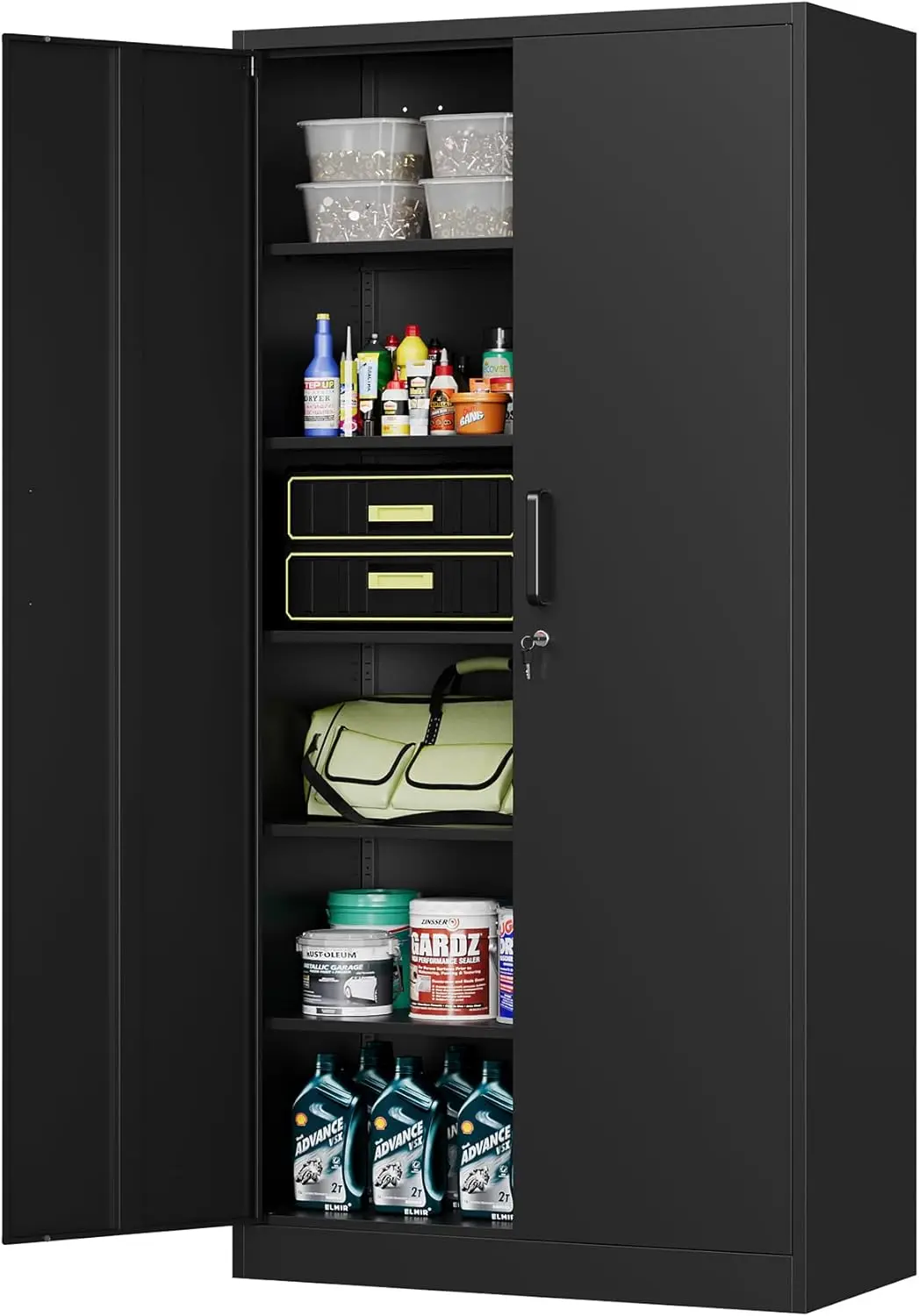 MIIIKO Black Garage Storage Cabinet with Doors and 5 Shelves, 72