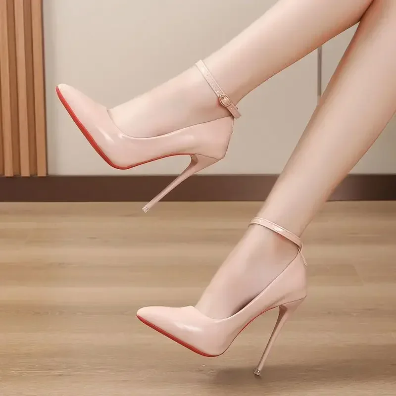 

Sexy One Word Buckle High Heels Fashion 12cm Super Heel Lady Party Pumps Large Pointed Toe Stiletto Women's Shoes 2024