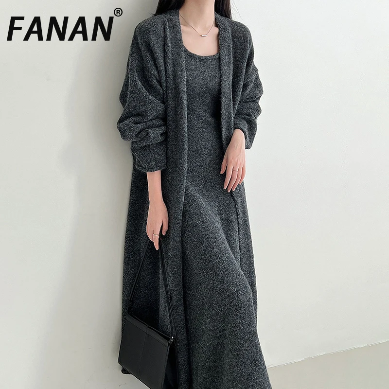 

FANAN женский вязаный комплект из 2 предметов, тонкое платье без рукавов + кардиган с длинными рукавами, длинные пальто, модные костюмы, новинка зимы 2025, женские